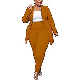 Women's Plus Size 2 Piece Outfits Open Front Blazer and High Waisted Long Pant Suit Set Business Loungewear
