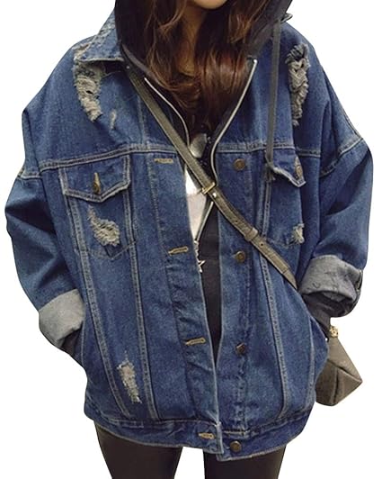 QitunC Damen Zerrissene Jeansjacke Retro Beiläufig Lose Denim Jacke Batwing Ärmel Jeansmantel Outwear
