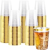 Ciaell 120PCS Gold Plastic Cups - 10Oz Heavy Duty Clear Plastic Cups with Gold Rim - Gold Rim Disposable Cups for Wedding, Birthday