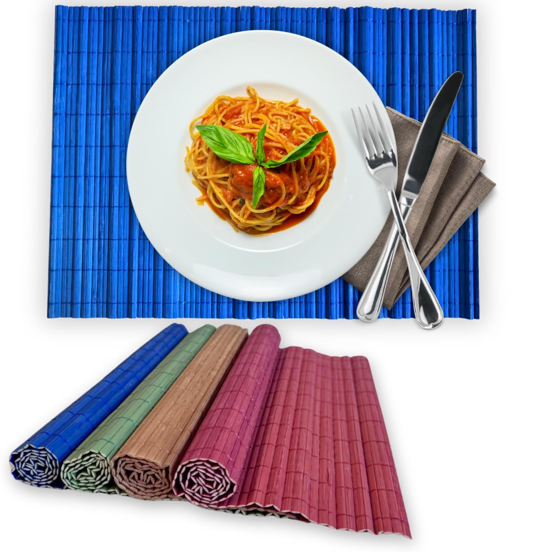 Washable Bamboo Placemat Mat - Set of 4 Rectangular Placemats (30 x 43 cm) - Mat Made with Bamboo Heat Resistant Braided by Hand for Dining Table