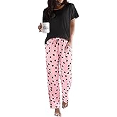 Ekouaer Pajama Sets for Women Round Neck Pjs Short Sleeve Sleepwear with Long Pants Loose Lounge Sets