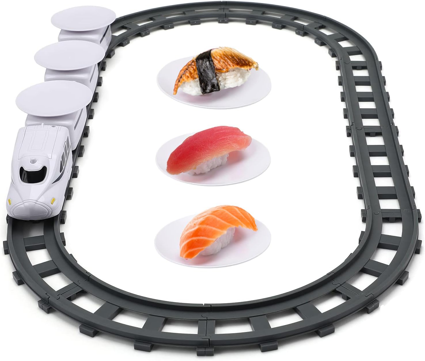 Photo 1 of Apettoey Sushi Train Rotating Table Food Train Battery Powered Electric Train Toy Japanese Sashimi Plates Sushi Serving Tray Under Christmas Tree Train Track for Kids Boys Girls