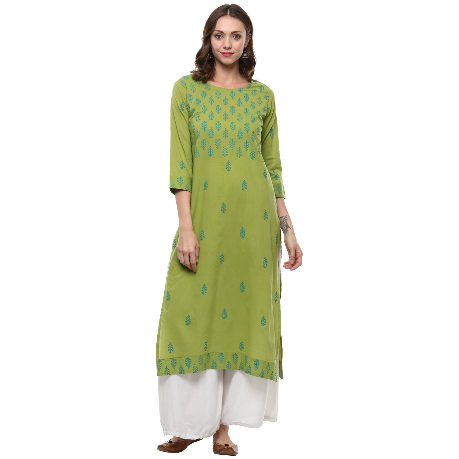 rajmandirfabrics women's cotton straight hand block printed kurti (mahendi)