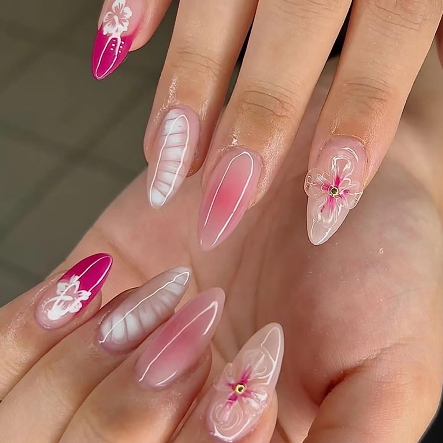 Spring Press on Almond Nails Medium Glossy Full Cover Almond French False Nails with Floral Designs Artificial Almond Shaped Fake Nails with Charms Glue Stick ons Fingernails for Women Girls(Z935)