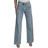 NRTHYE Womens High Waisted Rhinestone Jeans Baggy Straight Wide Leg Shiny Diamond Casual Denim Pants Trousers