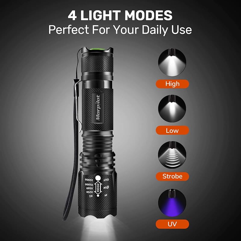 Lanterna Tática e UV 2 em 1, lanterna LED 5000LM, lanterna militar, luz UV com 4 modos, zoom in/out, 395nm, alumínio, anti-queda, IPX4 impermeável, 3 pilhas incluídas