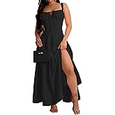 Generic Women Casual Corset Dress Sleeveless Lace Up Ruched Bodycon Split Tie Square Neck A Line Boho Flowy Maxi Sundress