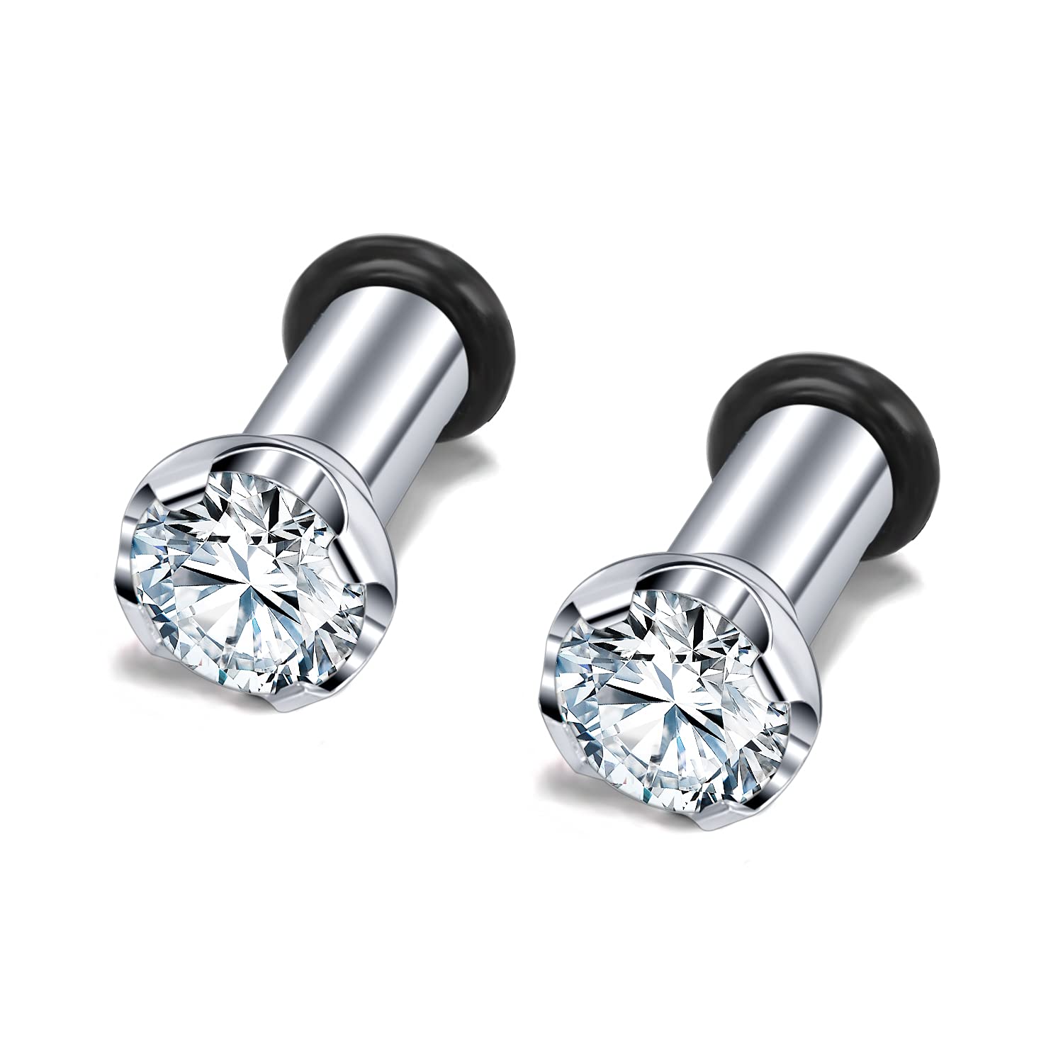 PunkTracker Pair Clear CZ Zirconia Prong Set Ear Plugs Gauges Stainless Steel with Silicone O-Ring Stretcher Expander