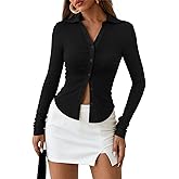 PRETTYGARDEN Womens Button Down Shirts V Neck Collared Ruched Slim Fit Long Sleeve Shirt Casual Spring Fashion Ladies Tops