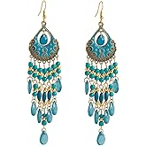 Boho Long Teardrop Beaded Tassel Dangle Earrings for Women Gold-Toned Bohemian Crystal Beads Fringe Dangling Drop Statement Earrings Enamel Flower Link Piercing Fish Hook Native Tribal Ethnic Jewelry