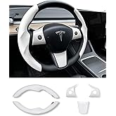 Uxcer Carbon Fiber Steering Wheel Cover & ABS Wrap Kit for Tesla Model 3 / Y Accessories White