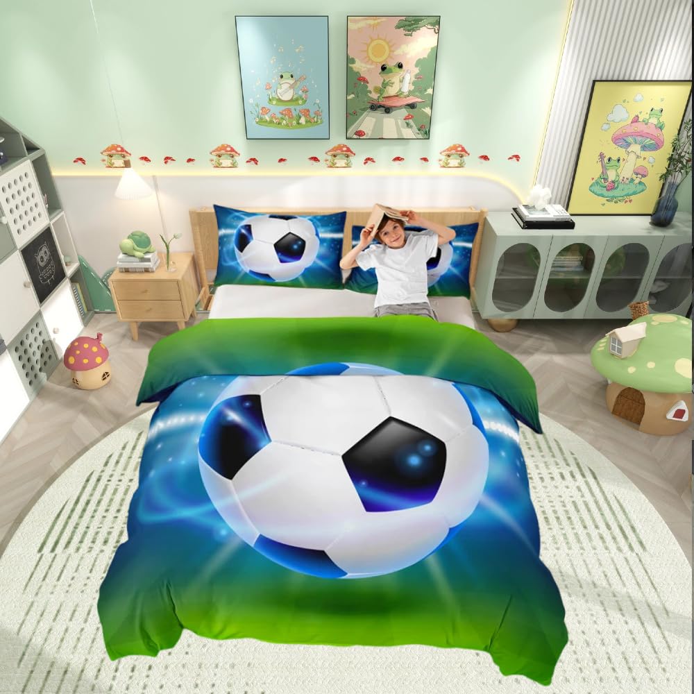 Loussiesd Boys Football Bedding Set Sports Theme Duvet Cover For Kids Children Teens 3D Soccer Ball Pattern Comforter Cover Competitive Games Bedspread Bedroom Decor Quilt Cover 3Pcs Double Size — image 1