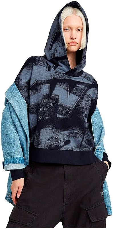 Donna Sprayed Letters Loose Hooded Sweater, Multicolore (osaka blue sprayed letters D26088-D325-H317), S