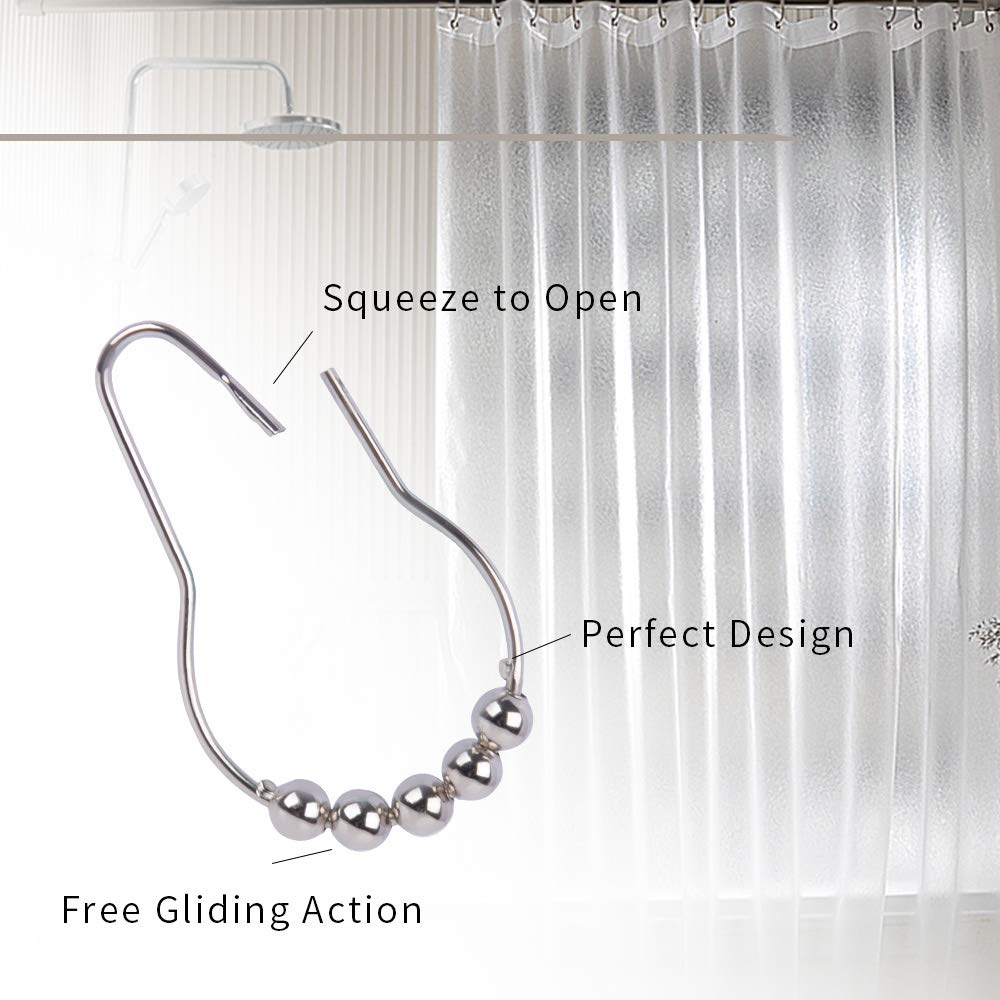 Rustproof Shower Curtain Hooks Rings, Heavy Duty 304 Stainless Steel, Roller Glide Hooks, Polished Nickle, Set of 12