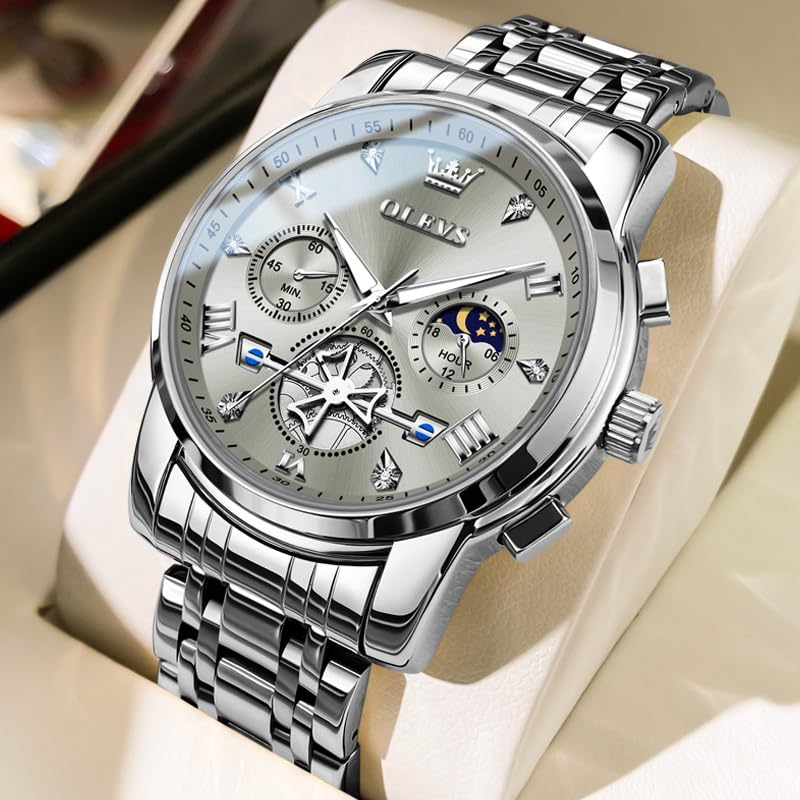 OLEVS Men Silver Watches,Men's Stainless Steel Chronograph Watch,Man Analog Quartz Big Face Male Watches Luxury Waterproof Roman Numeral Dress Diamond Relojes para Hombre