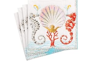 Caspari Seahorses and Shell Boxed Paper Cocktail Napkins - 40 Per Box