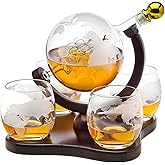 Godinger Whiskey Decanter Globe Set with 4 Etched Glasses for Liquor, Scotch, Bourbon, Vodka, Gifts for Men - 850ml Clear