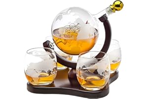 GODINGER Whiskey Decanter Globe Set with 4 Etched Globe Whisky Glasses for Liquor, Scotch, Bourbon, Vodka, Gifts for Men - 850ml Clear