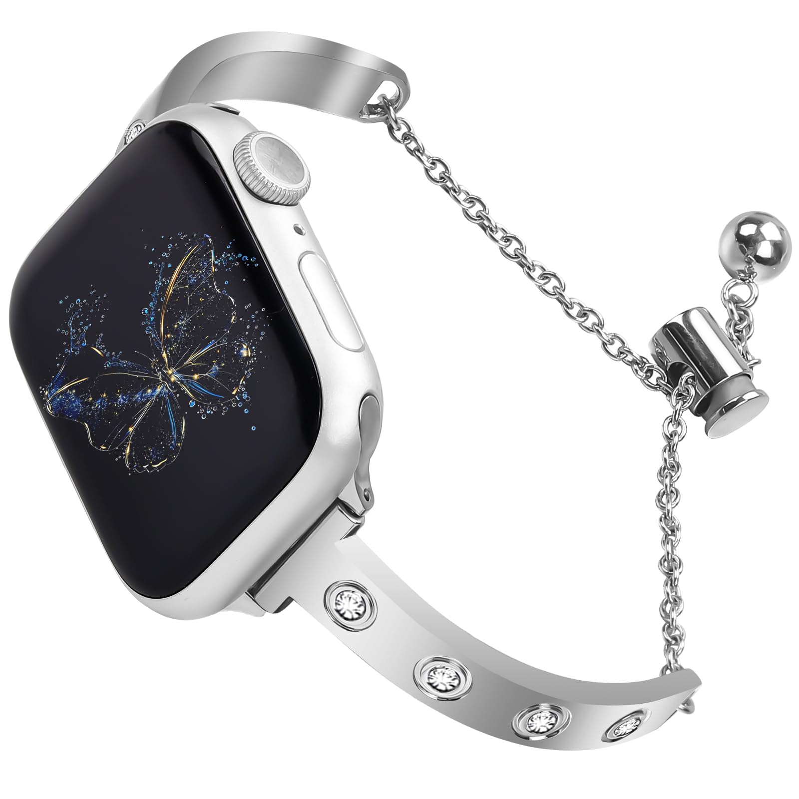 YouthRun Stainless Steel Band Compatible with Apple Watch 38mm 40mm 41mm 42mm 44mm 45mm 46mm 49mm Pretty Luxury Strap with Sparkle Diamond, Dressy iWatch Bracelet, Bling Thin Band for Women (Silver)