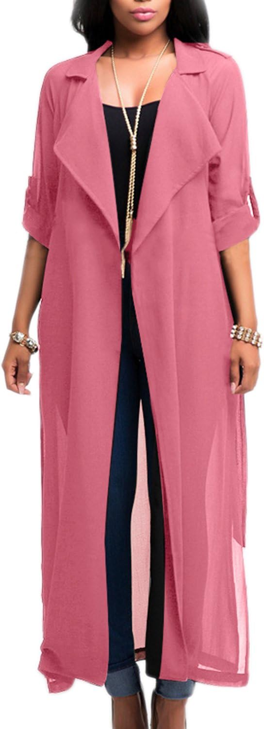 Suvotimo Women Half Sleeve Lapel Open Front Long Chiffon Duster Cardigans