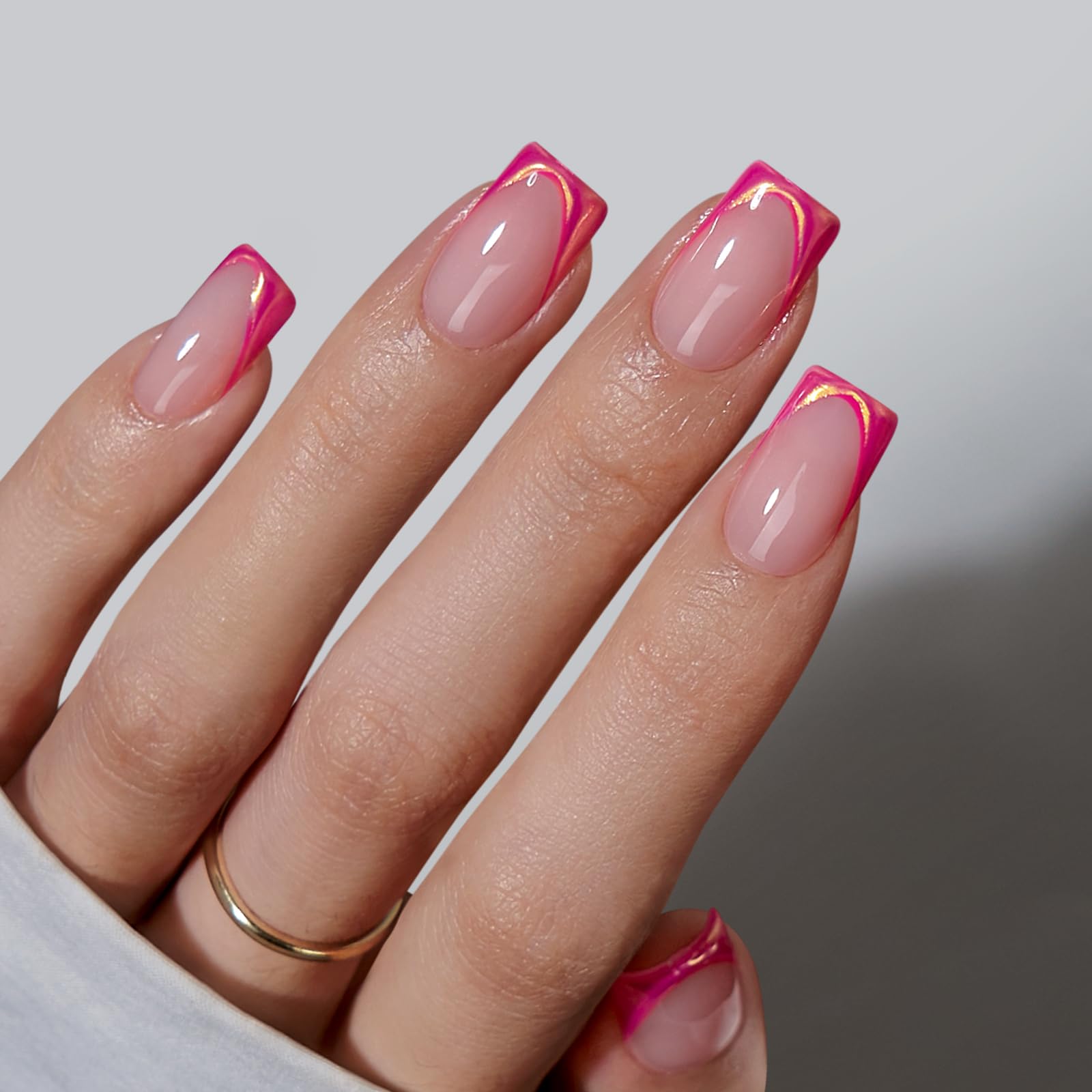 BTArtbox French Tip Press On Nails - Trendy Short Square Fake Nails with Metallic Chrome Pink Color, Reusable Glue On Nails in 16 Sizes for Christmas Gift, Metallic Petal