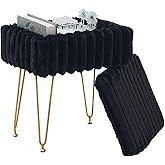 Wimarsbon Storage Ottoman, Vanity Stools with Metal Legs, 16.5" x 11.8" x 18" Modern Faux Mink Fur Footstool, Makeup Chair with Anti-Slip Feet, Accent Table,Footrest,Storage Bench for Bedroom (Black)
