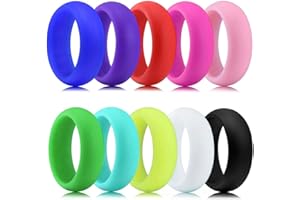 Longbeauty 10 Pack Candy Color Wedding Band for Men Women Flexible Comfort Sport Silicone Ring Black Red Blue Yellow Pink White Green Purple