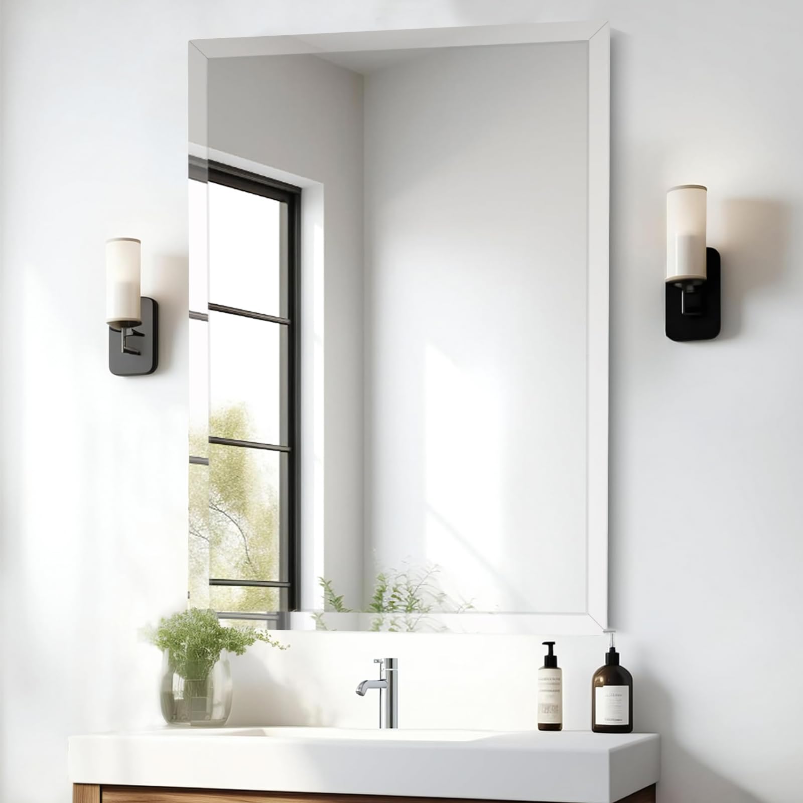 Photo 1 of JENBELY 28x36 Inch Rectangle Frameless Mirror, Beveled Bathroom Mirror, Frameless Wall Mirror with 1" Beveled Edge for Bathroom Vanity, Entryway, Living Room