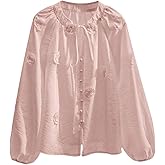 GORGLITTER Women's Boho Peasant Blouses Floral Embroidered Tops Summer Sheer Tie Front Flowy Long Sleeve Button Up Shirts