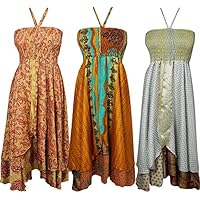 Mogul Interior Womens Halter Dress Recycled Silk Sari Vintage Two Layer sentimental Sensation Sundress Wholesale Lot Of 3 Pcs
