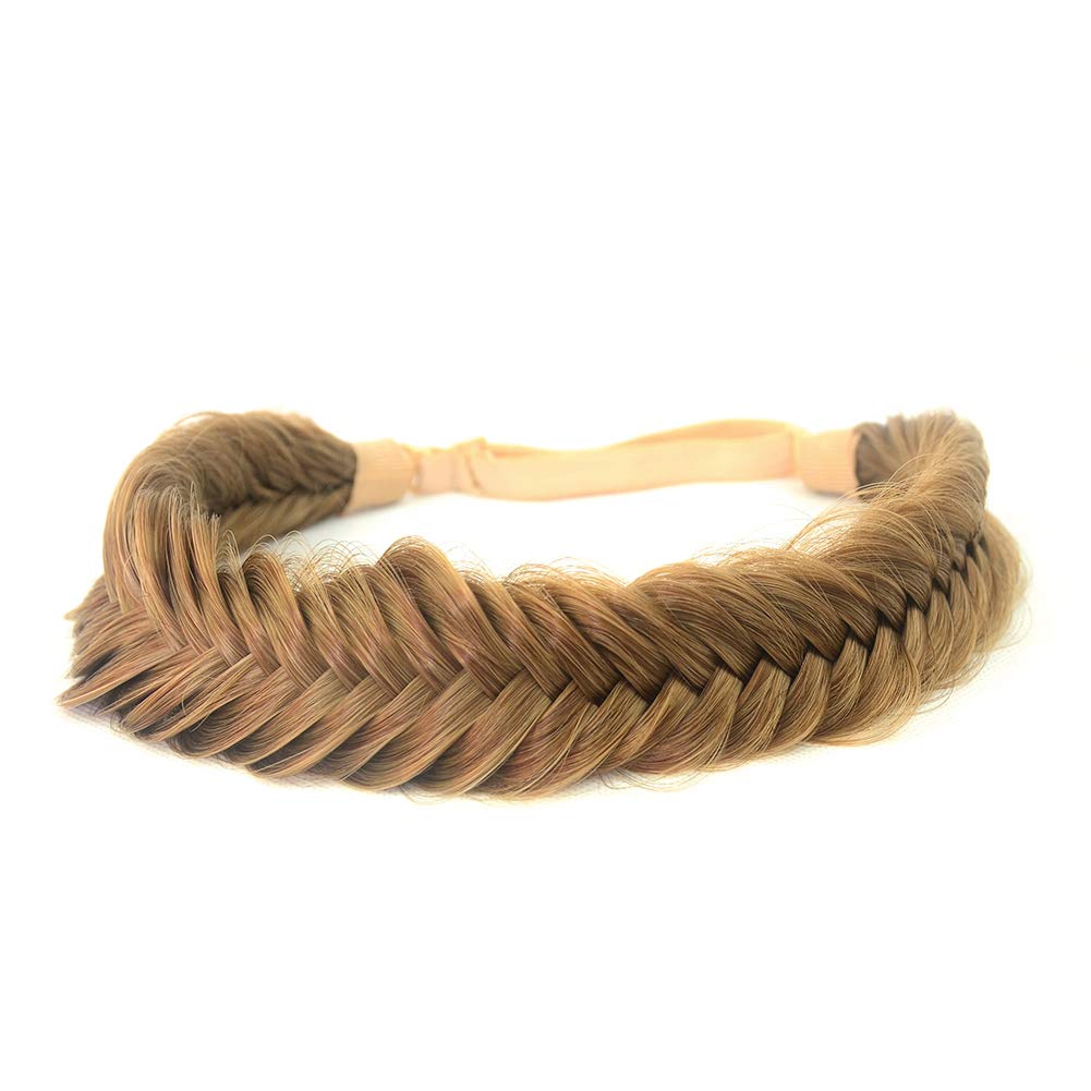 BOBIYA Wide Fishtail Synthetic Hair Braided Headband Classic Chunky Plaited Braids Elastic Stretch Hairpiece Women Girl (Caramel Brown)