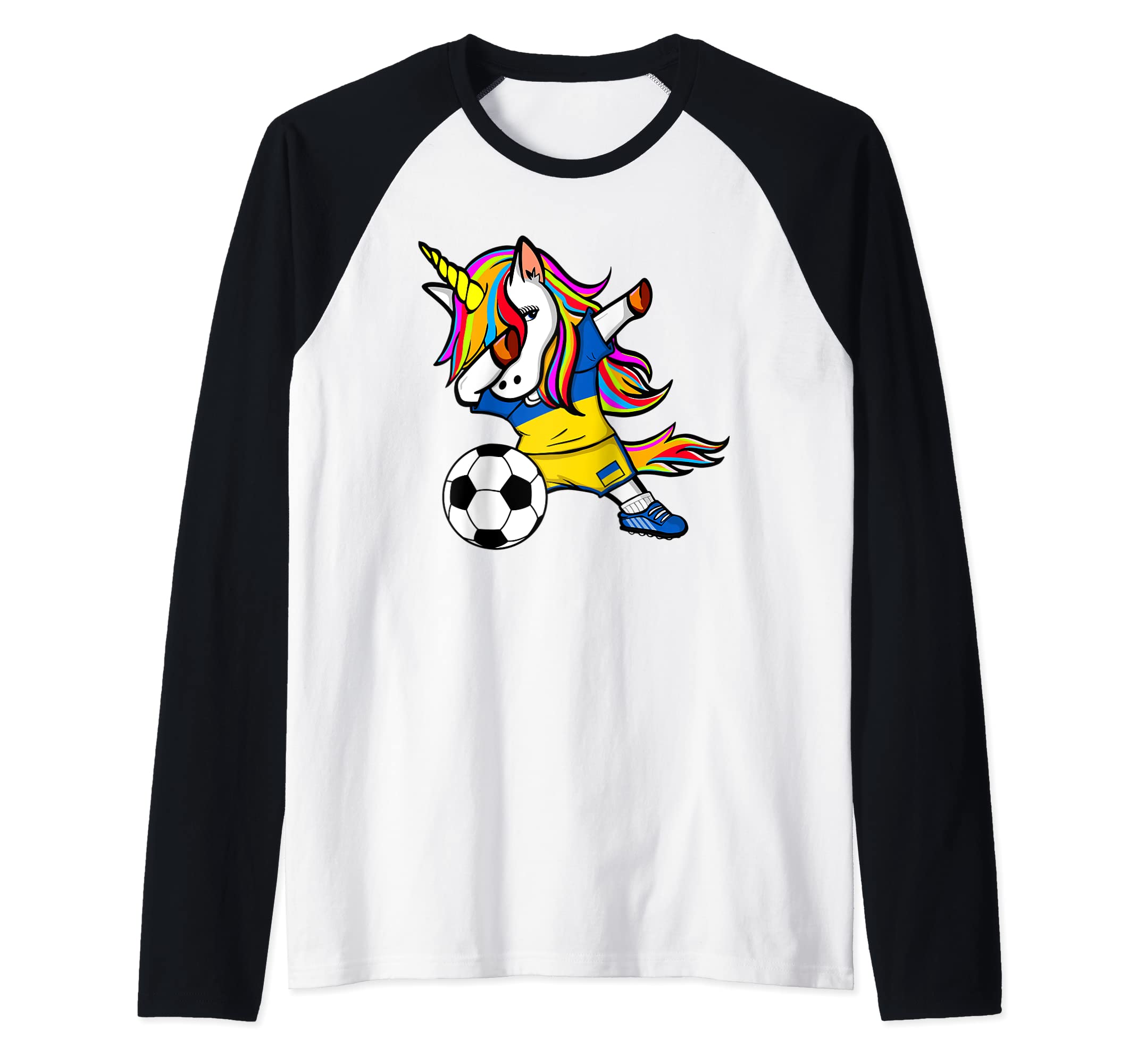 Dabbing Unicorn Ukraine Football - Ukrainian Flag Soccer Raglan Baseball Tee