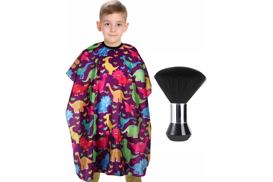 Kids Barber Cape with Neck Duster Brush, Professional Salon Hair Cutting Cape with Adjustable Snap Closure(Cartoon Dinosaur)