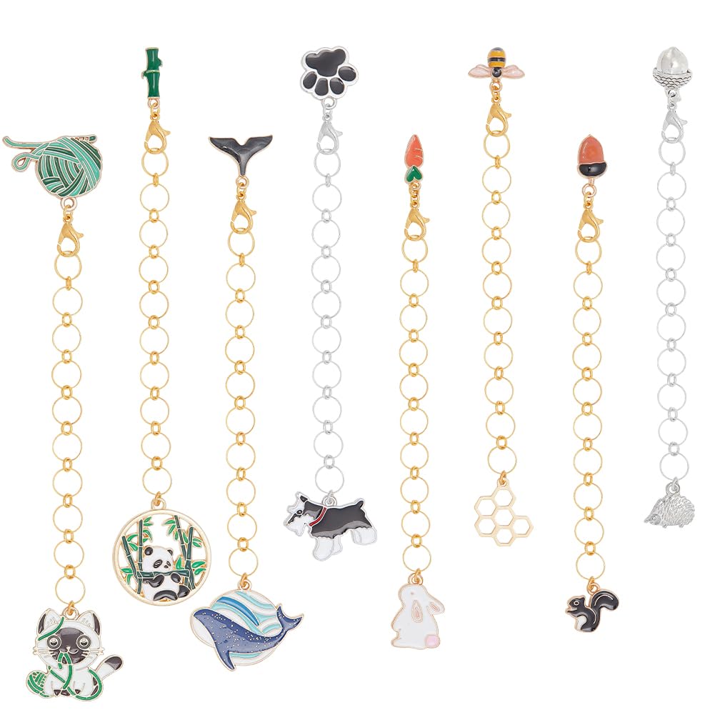 BENECREAT 8 Styles Animal Theme Alloy Enamel Chain, Gold and Silver Color Row Counters Knitting Chain for Knitting Weaving Sewing Accessories, 13.5~15.4cm/5.3~6 Inch