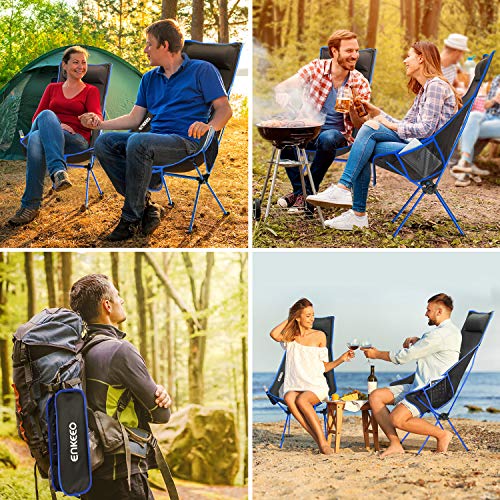 ENKEEO Camping Folding Chair Portable Lightweight Mesh Seat with 330 lbs Capacity, Built-in Pillow, 3 Pockets, Backrest and Carry Bag for Backpacking, Fishing, Hiking, Picnic, Travel and Beach - Blue