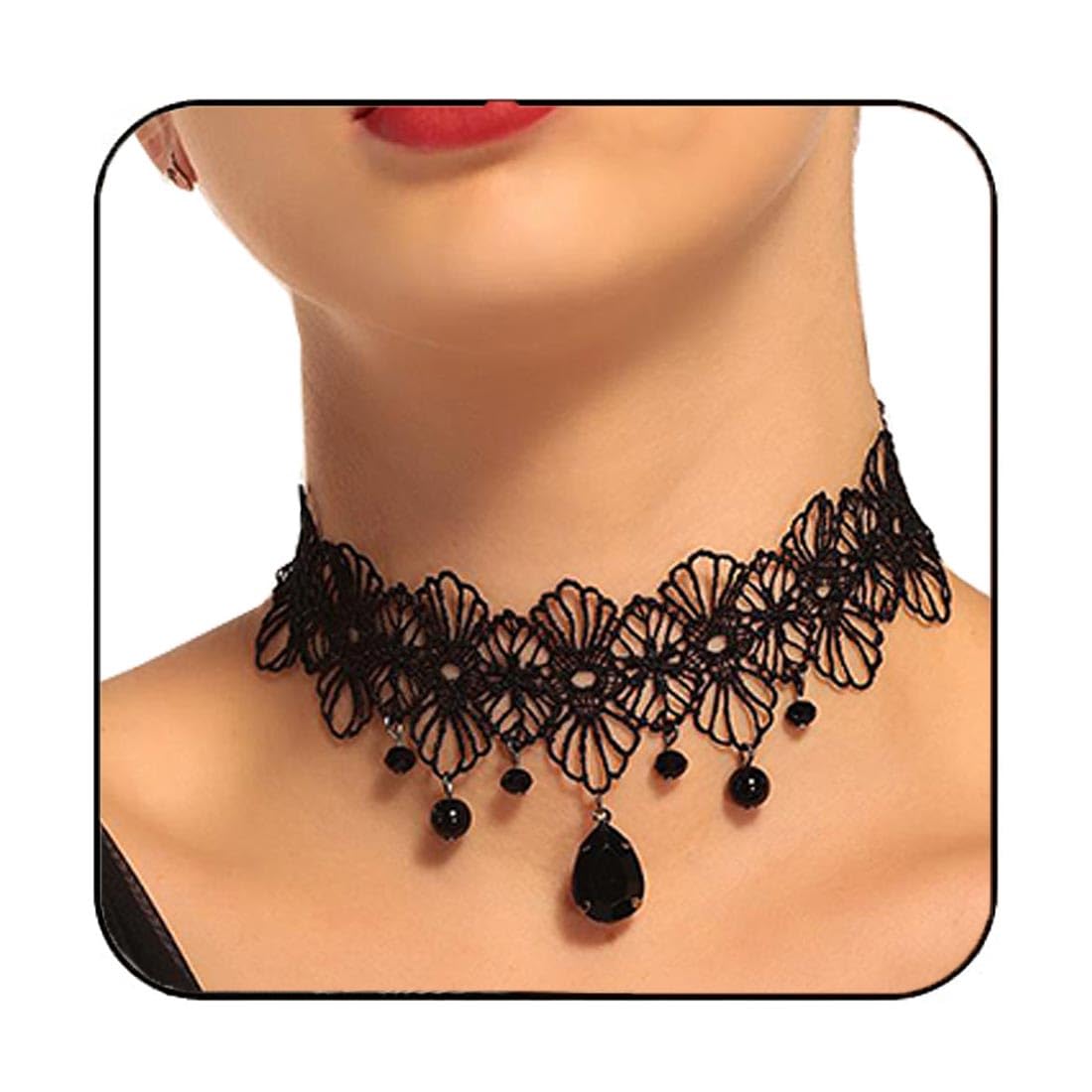 Handcess Black Lace Choker Necklace Crystal Beads Pendant Necklaces Gothic Hollow Flower Choker Jewelry Accessories for Women