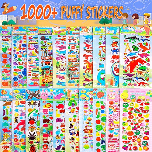 HORIECHALY Stickers for kids 20 Different sheets cartoon 3D Puffy Stickers, 1000 Stickers for Teachers, Including Animals, Dinosaur, Cars Transportation, Foods, Cakes Marine Creature , Fishes and more