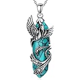 PEIMKO 925 Sterling Silver Hexagonal Turquoise Exquisite Dragon and Phoenix Pendant Necklace Boho Style Jewelry Gifts for Women Men