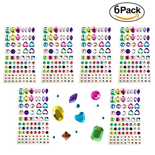 Yexpress 486pcs Sheets Self-adhesive Rhinestone Sticker, Multicolor Bling Craft Jewels Crystal Gem Stickers, Assorted Size and Shapes, 6 Sheets
