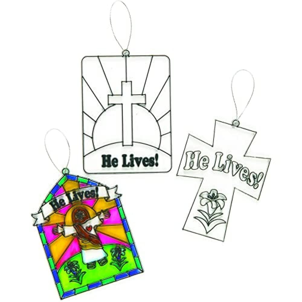 Baker Ross ET880 He Lives' Suncatcher Glass Effect Acrylic Decorations 10cm, 3 Assorted, Children's Easter Painting Craft Kits(Pack of 6)