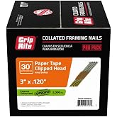 Grip-Rite 30-Degree Framing Nails - Exterior Galvanized - Clipped Head - Paper Collated Nails for Exterior Framing - 3" x .120" - 2M Box (2000 Count) - GRSP10DRHG