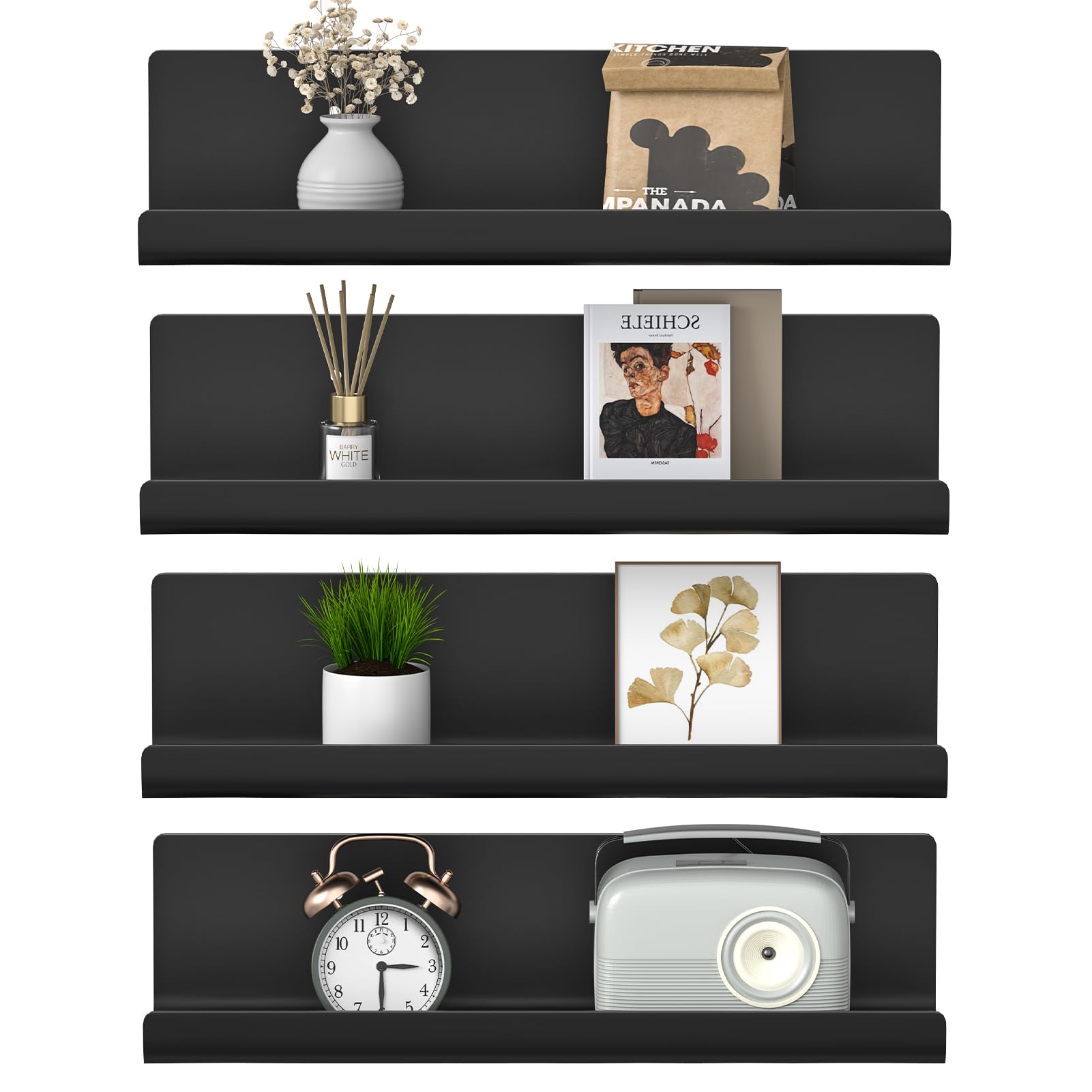 WELDUN Floating Shelves, Set of 4 Wall Mounted Shelf, Picture Ledge Display, Decorative Wall Shelves for Living Room, Bedroom, Bathroom, Kitchen, Home Office, Laundry room, Plastic, Black