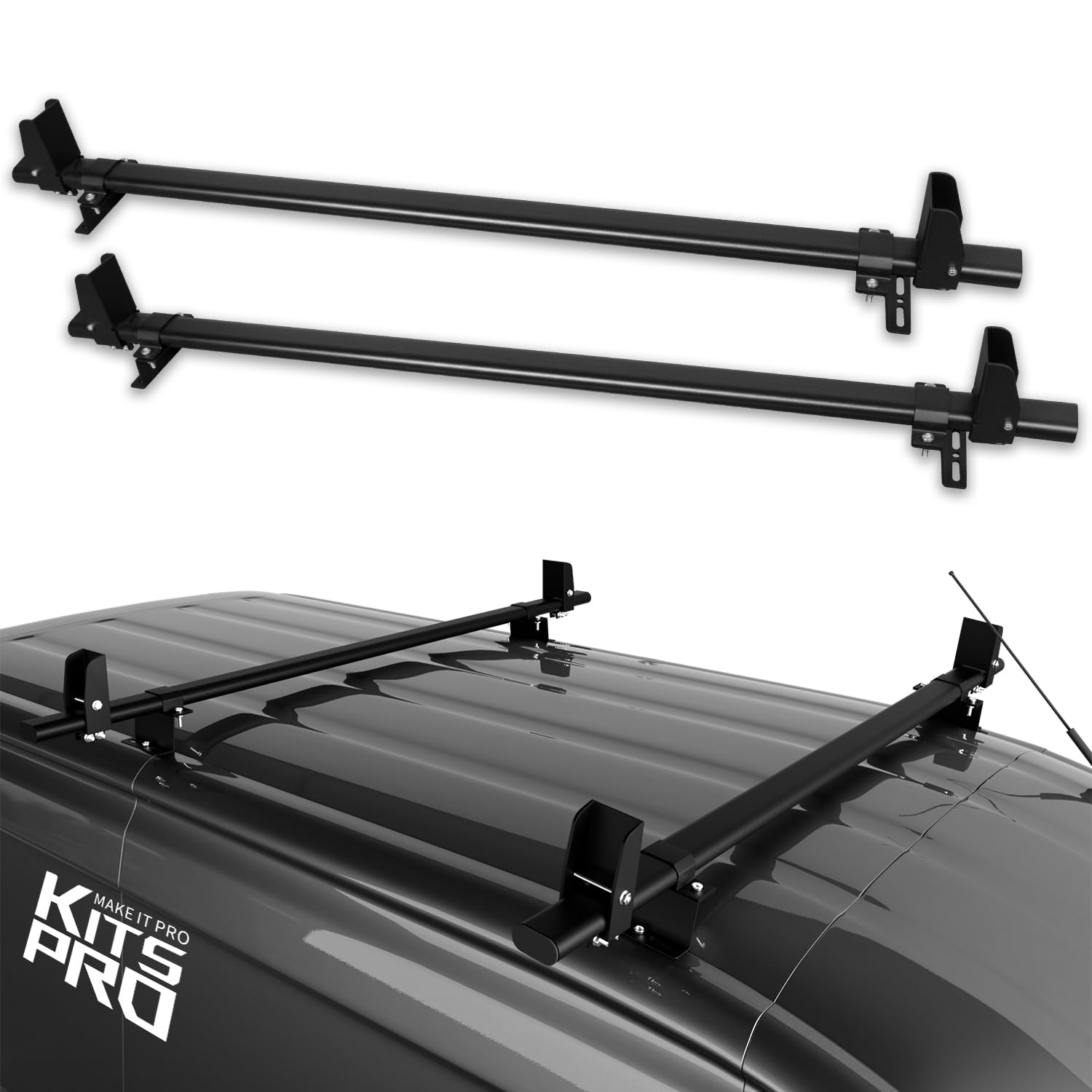 Photo 1 of KitsPro 260lb Roof Rack Cross Bars for 2015-2024 Ford Transit Cargo 150 250 350 HD, Matte Black Heavy Duty Stainless Steel Cargo Crossbar, Pack of 2