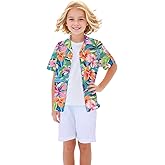 Betusline Girls' and Womens' Hawaiian Shirt, Floral Tropical Blouse Short Sleeve Button Down Beach Shirts