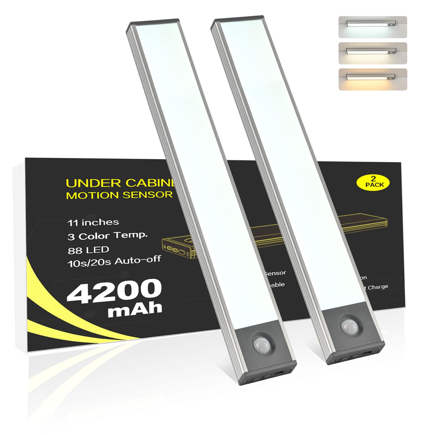 Under Cabinet Lighting, 4200mAh Motion Sensor Light Indoor, 240lm Rechargeable Battery Operated LED Closet Lights, Magnetic Under Counter Lights for Kitchen Stair (11 Inch, 3 Color Temp, 2 Pack)