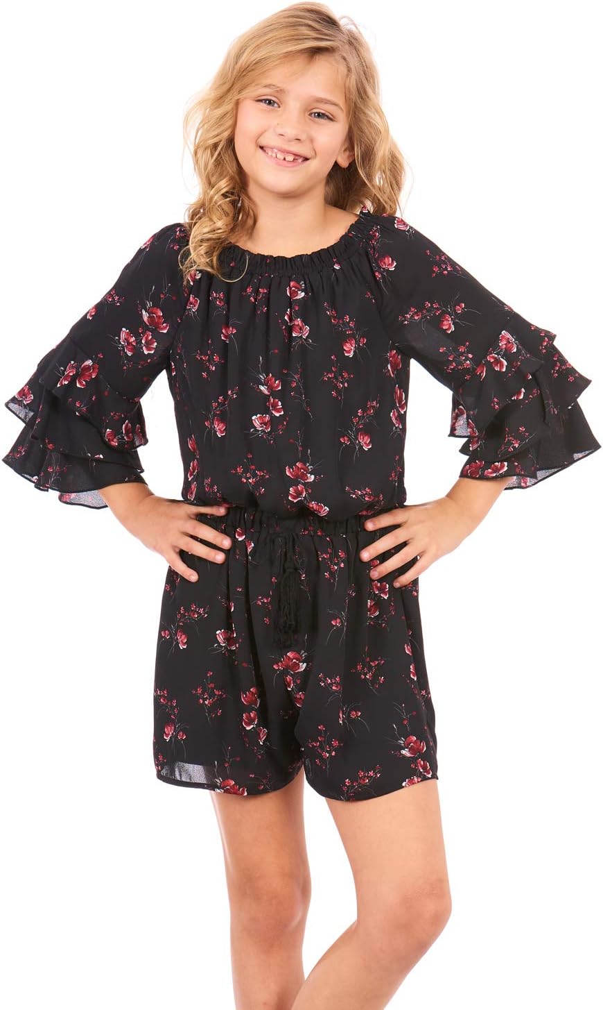 TRULY ME, Big Girls' Off-The-Shoulder Spring/Summer Romper with Ruffle Sleeves and Tassel Tie, Size 7-16