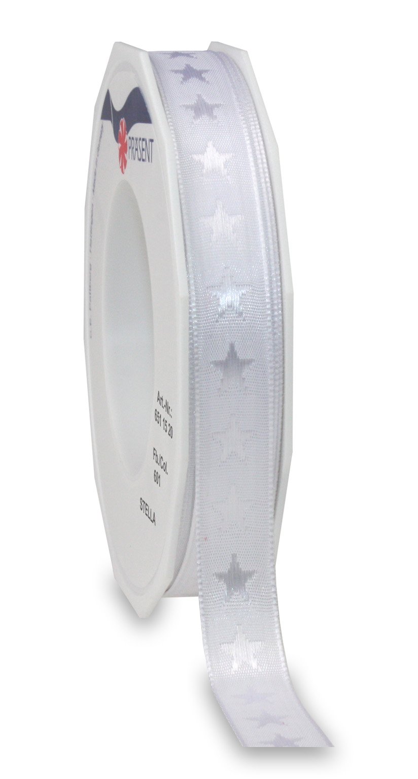 Präsent - Stella Woven Star Ribbon White 20-m-Roll 15 mm width