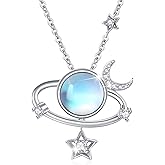 Planet Necklace for Women 925 Sterling Silver Planet Pendant Necklace Saturn Necklace Space Necklace with Moonstone/Amber Stone Jewelry Gift for Women
