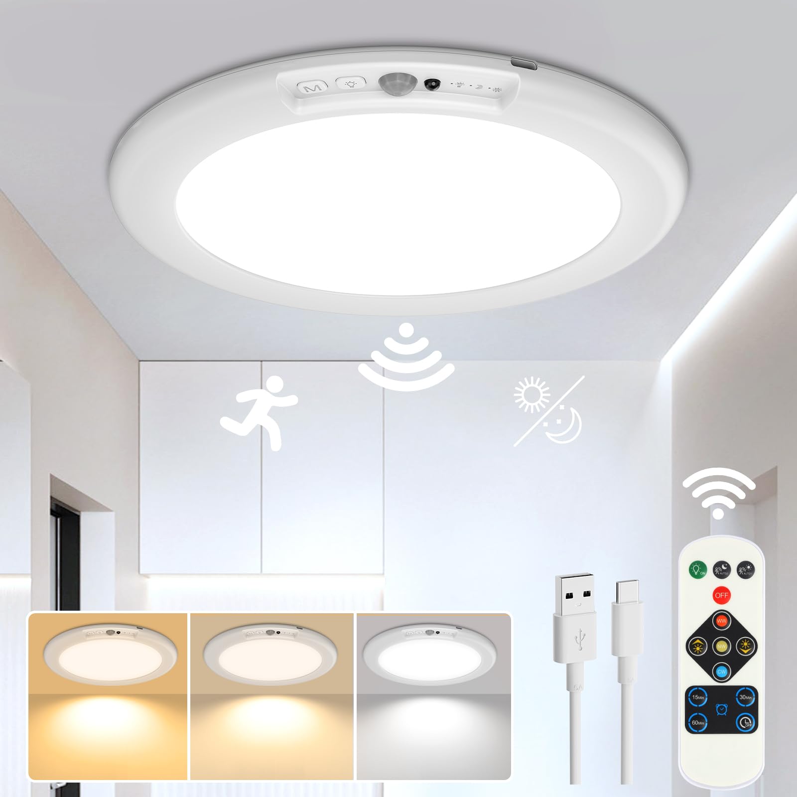 Photo 1 of ORYAR Rechargeable Motion Sensor Ceiling Light, Wireless Ceiling Lights Battery Operated Closet Light with Remote, 500LM 3000K/4500K/6500K, 0.55? Ultra Thin Lights for Bathroom Hallway Pantry, 1 Pack