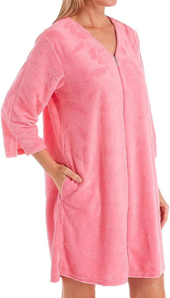 Miss Elaine Women's Micro Terry Short Zip Robe 838009 S Fresh Pink at